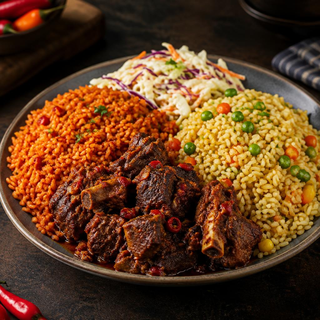 Jollof Fried rice combo with spicy goat (coleslaw)