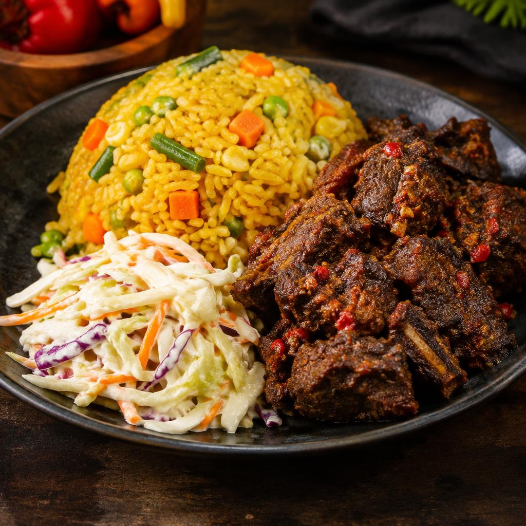 Fried rice with spicy goat (coleslaw)