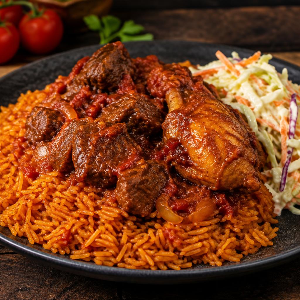 Jollof with beef/chicken sauce (coleslaw)