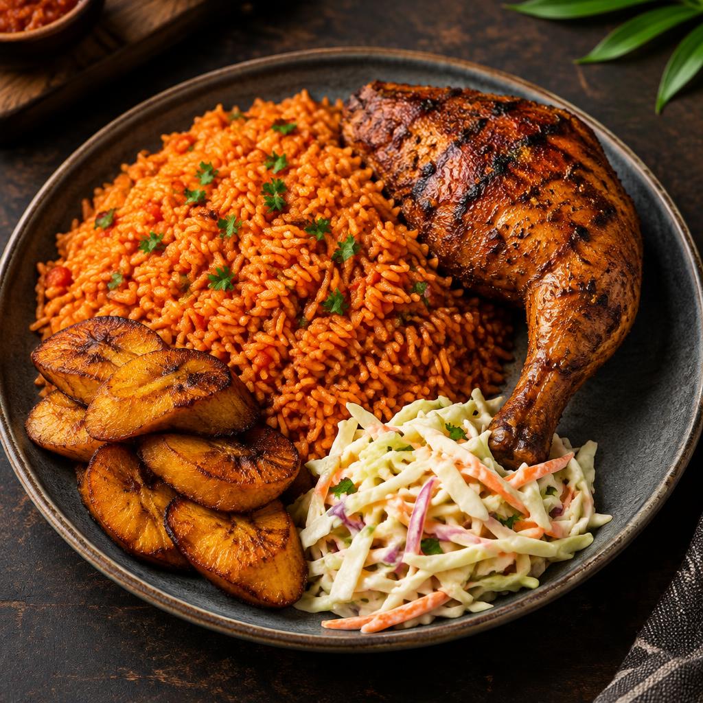 Jollof with chicken (coleslaw & plantain)