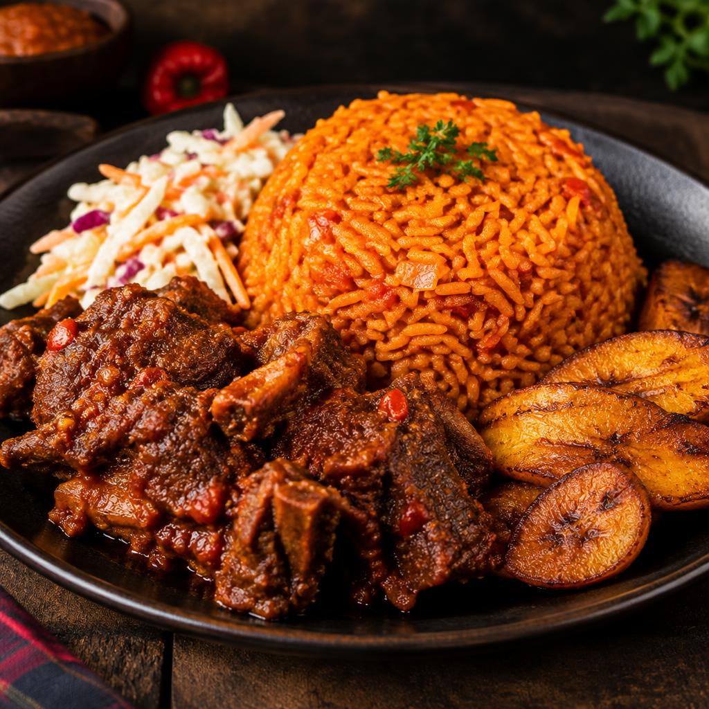 Jollof with spicy goat (coleslaw & plantain)