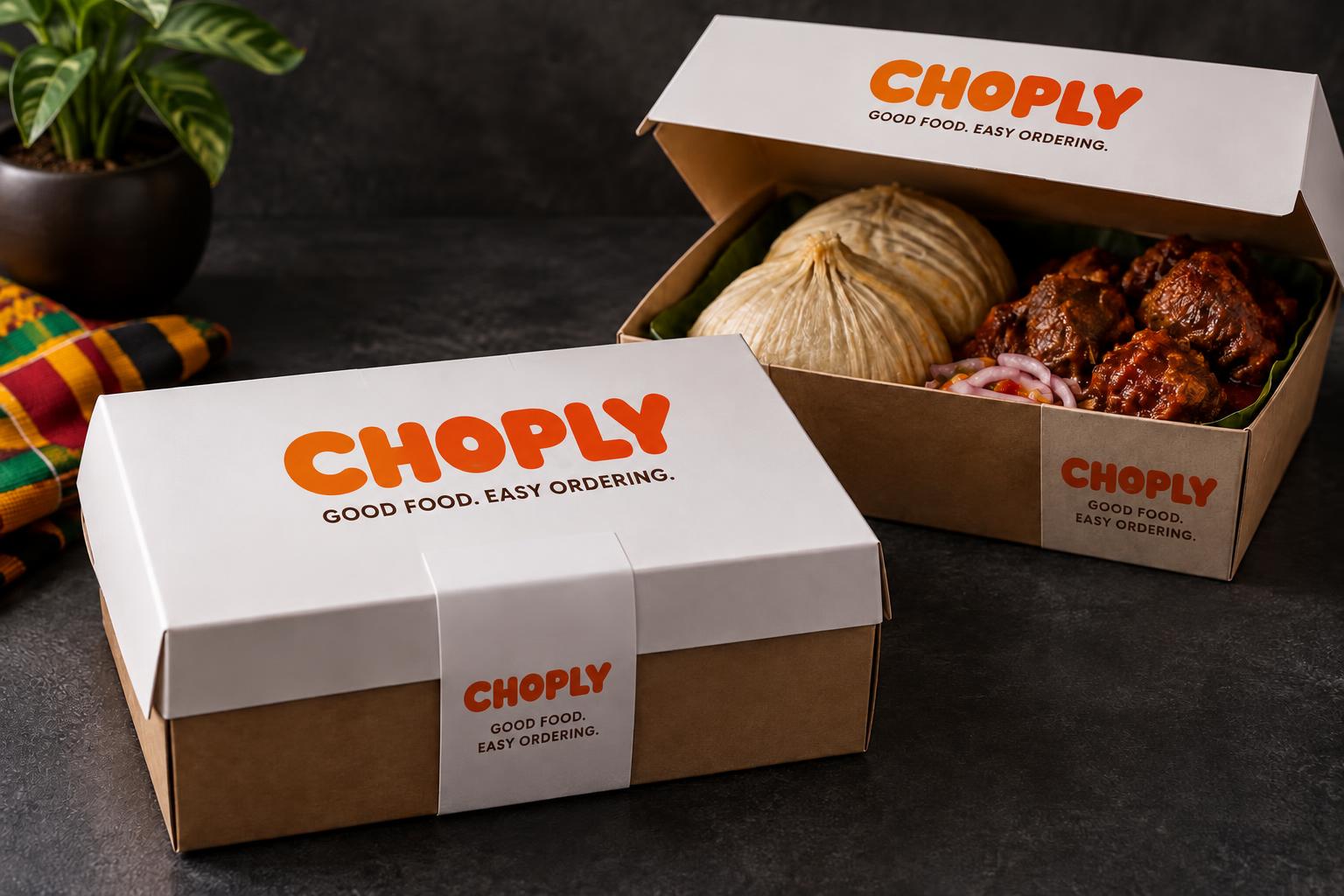 CHOPLY kraft-brown and white takeaway boxes with branded lids and kenkey with pork stew